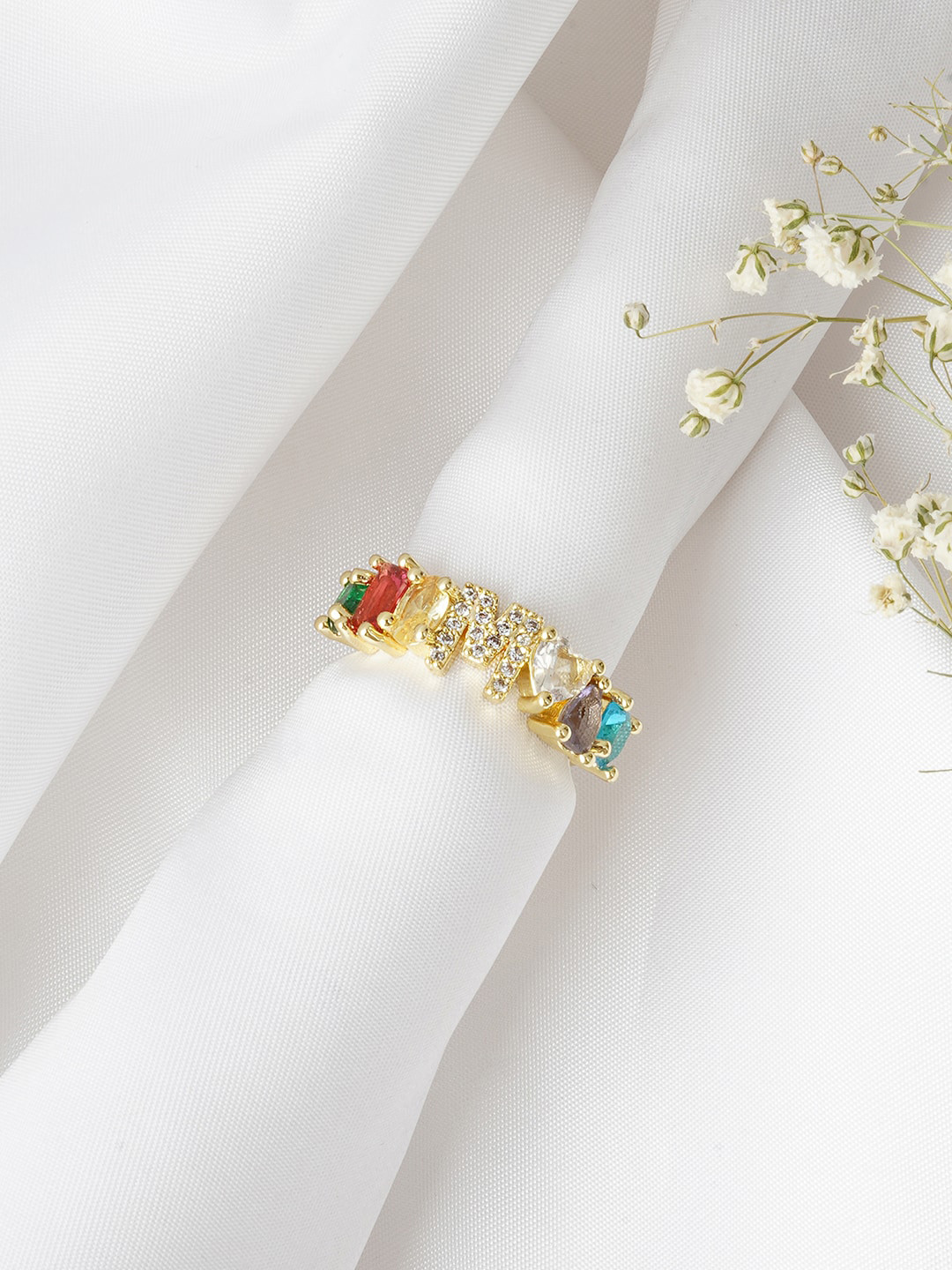 

JOKER & WITCH Multi-Coloured & Gold-Plated Rhinestone Studded Finger Ring