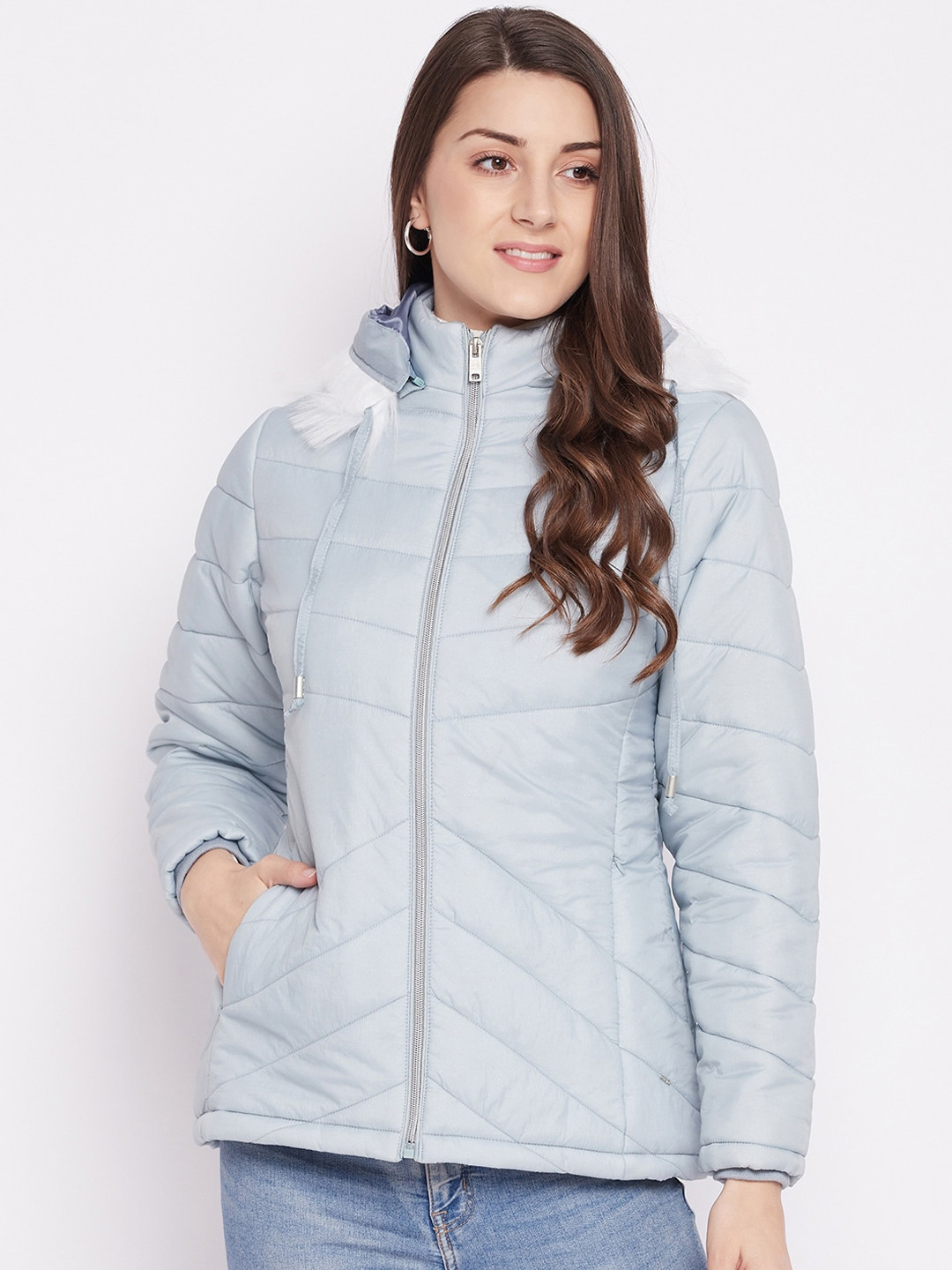 

Okane Women Blue Lightweight Padded Jacket with Detachable Hood