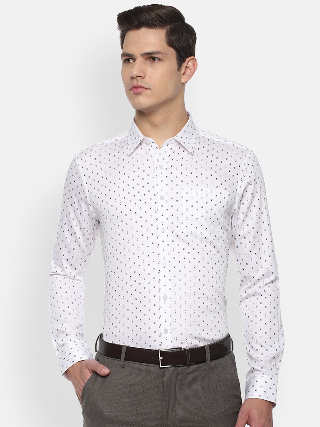 

Louis Philippe Men White & Brown Slim Fit Printed Cotton Formal Shirt