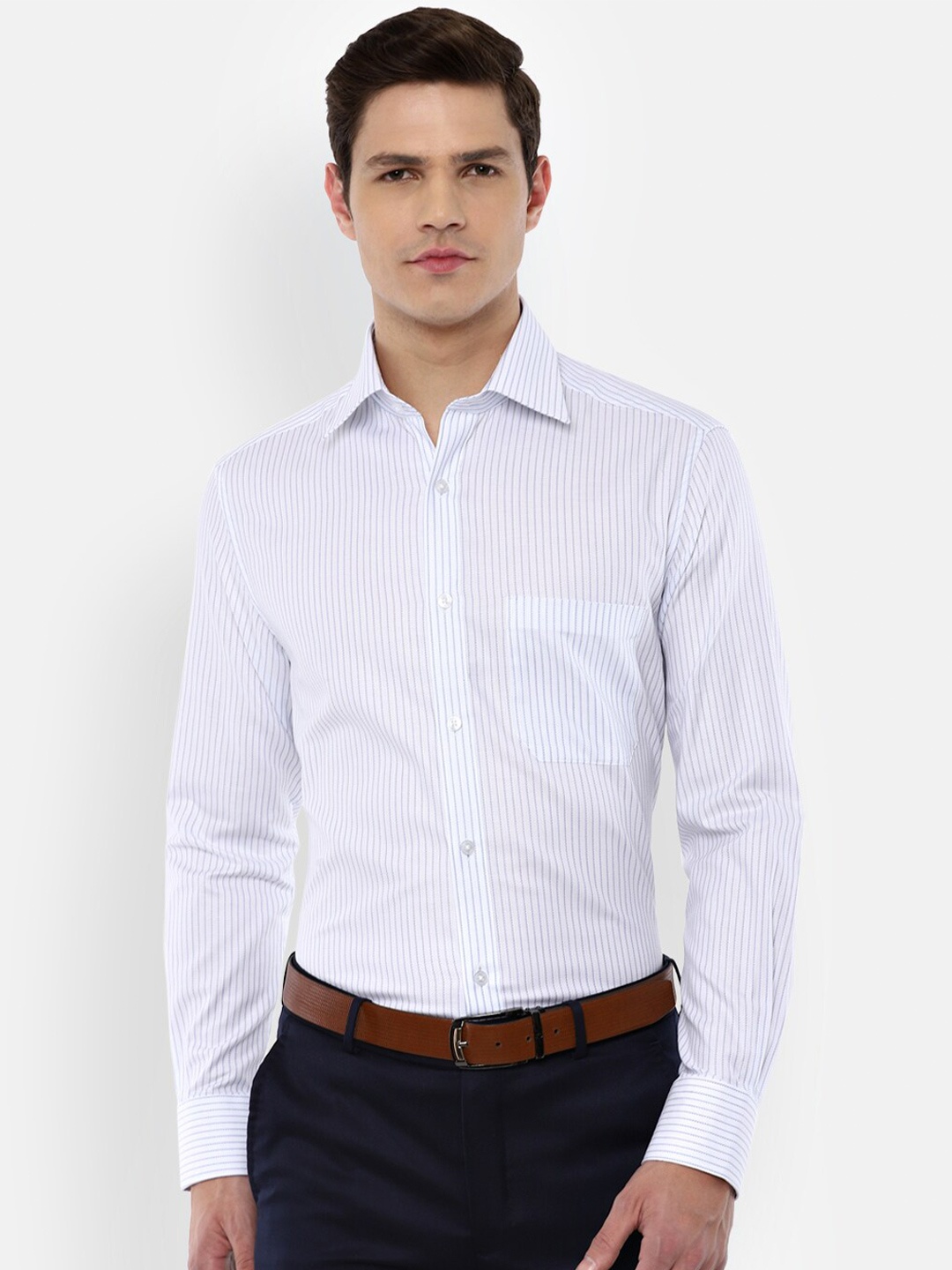 

Louis Philippe Men Blue Striped Pure Cotton Formal Shirt