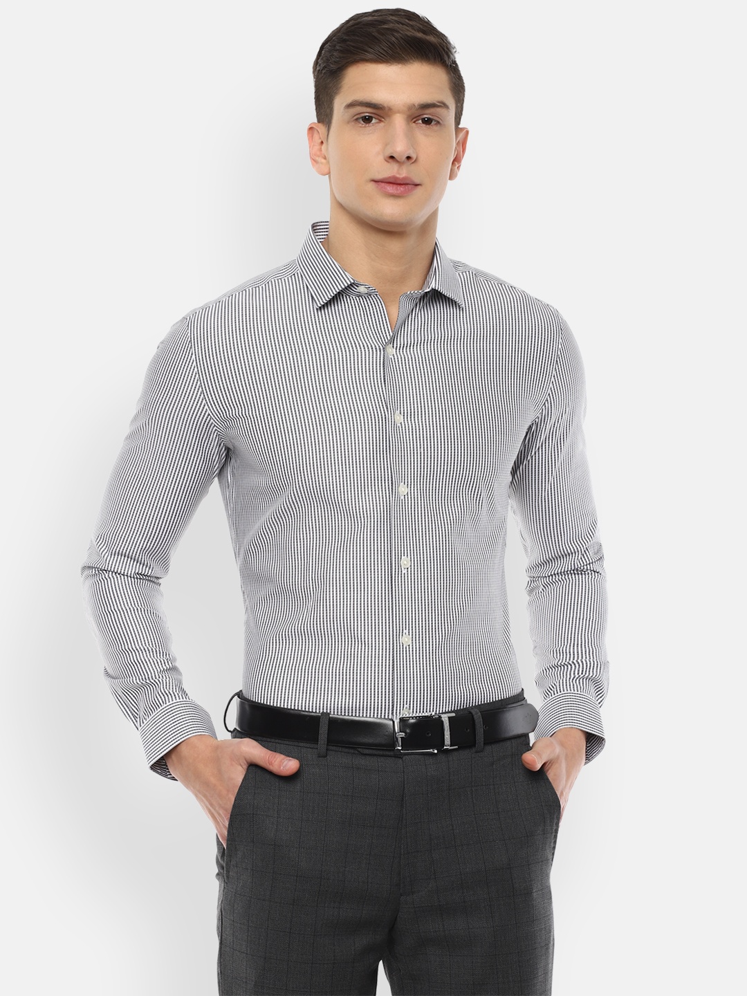 

Louis Philippe Men Grey Slim Fit Striped Casual Shirt