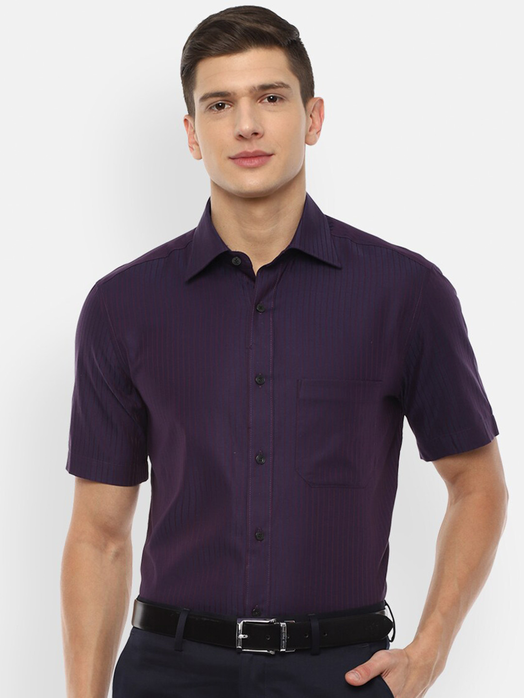 

Louis Philippe Men Purple Striped Self Design Cotton Formal Shirt