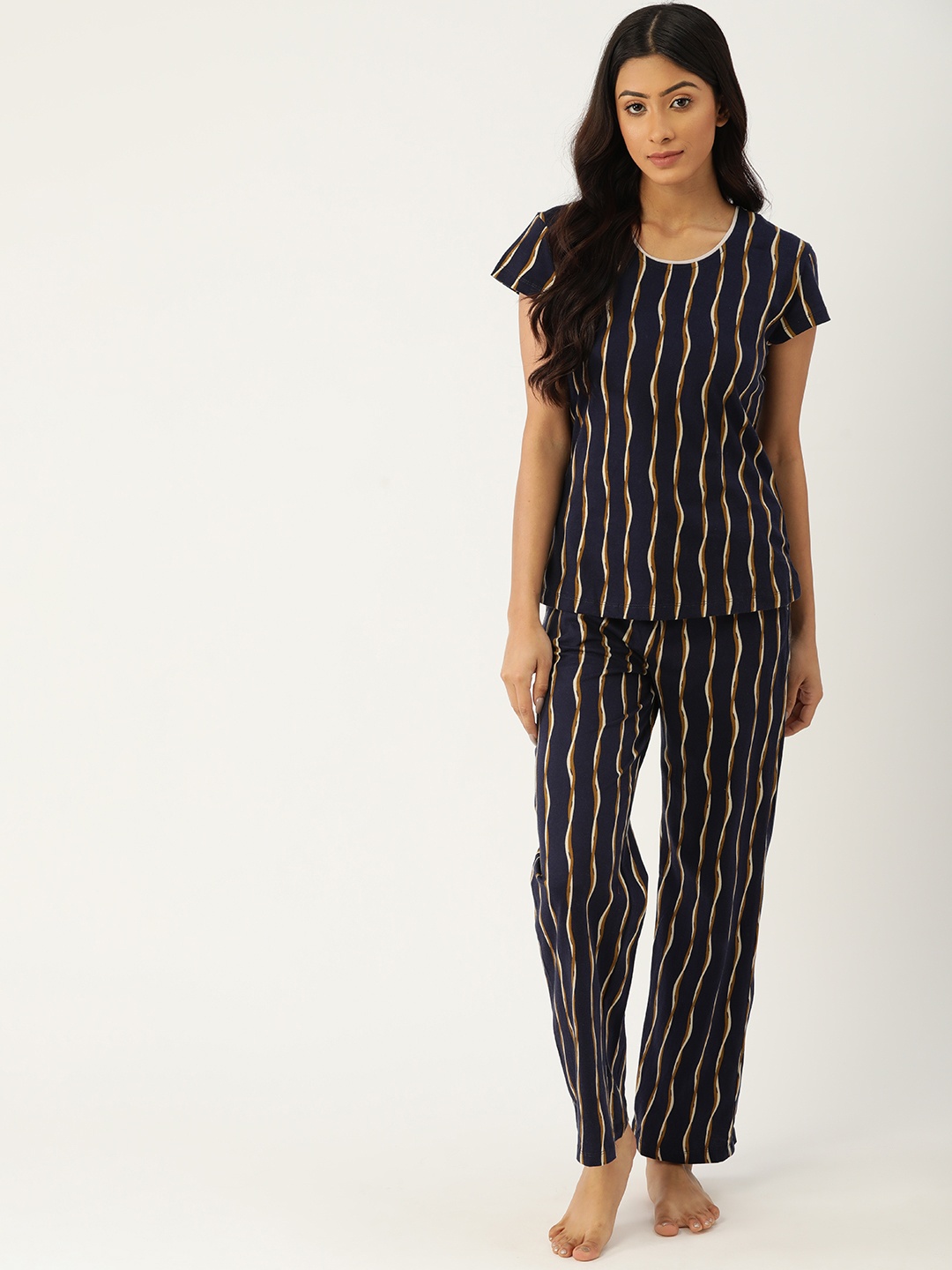 

ETC Women Blue & Brown Pure Cotton Striped Night suit