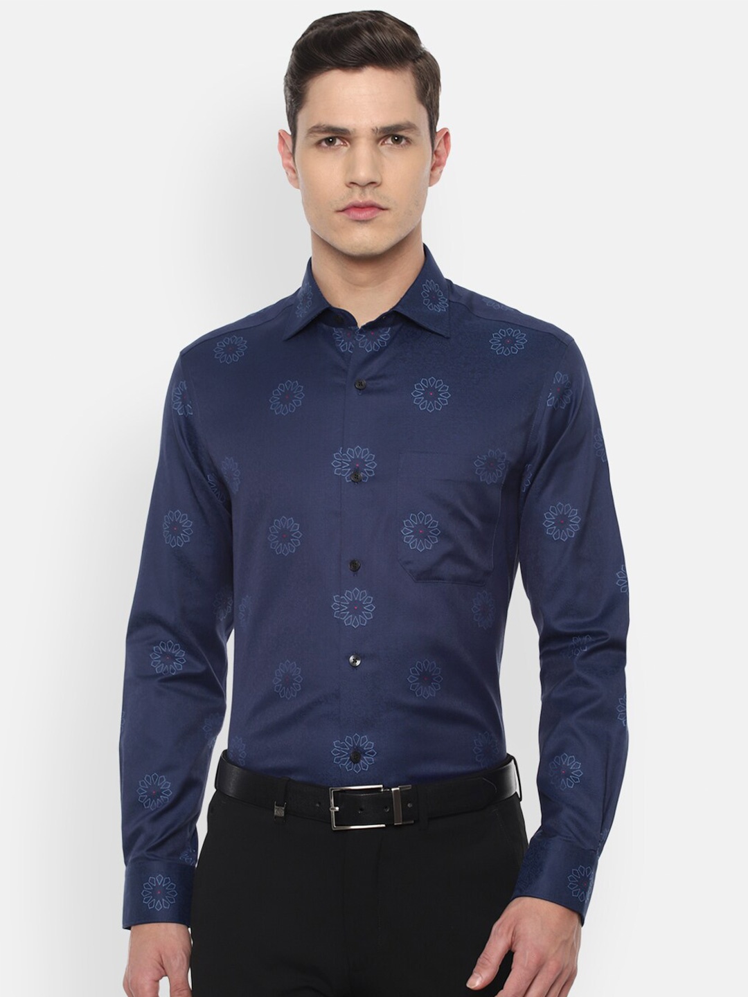 

Louis Philippe Men Navy Blue Ethnic Motifs Printed Pure Cotton Formal Shirt