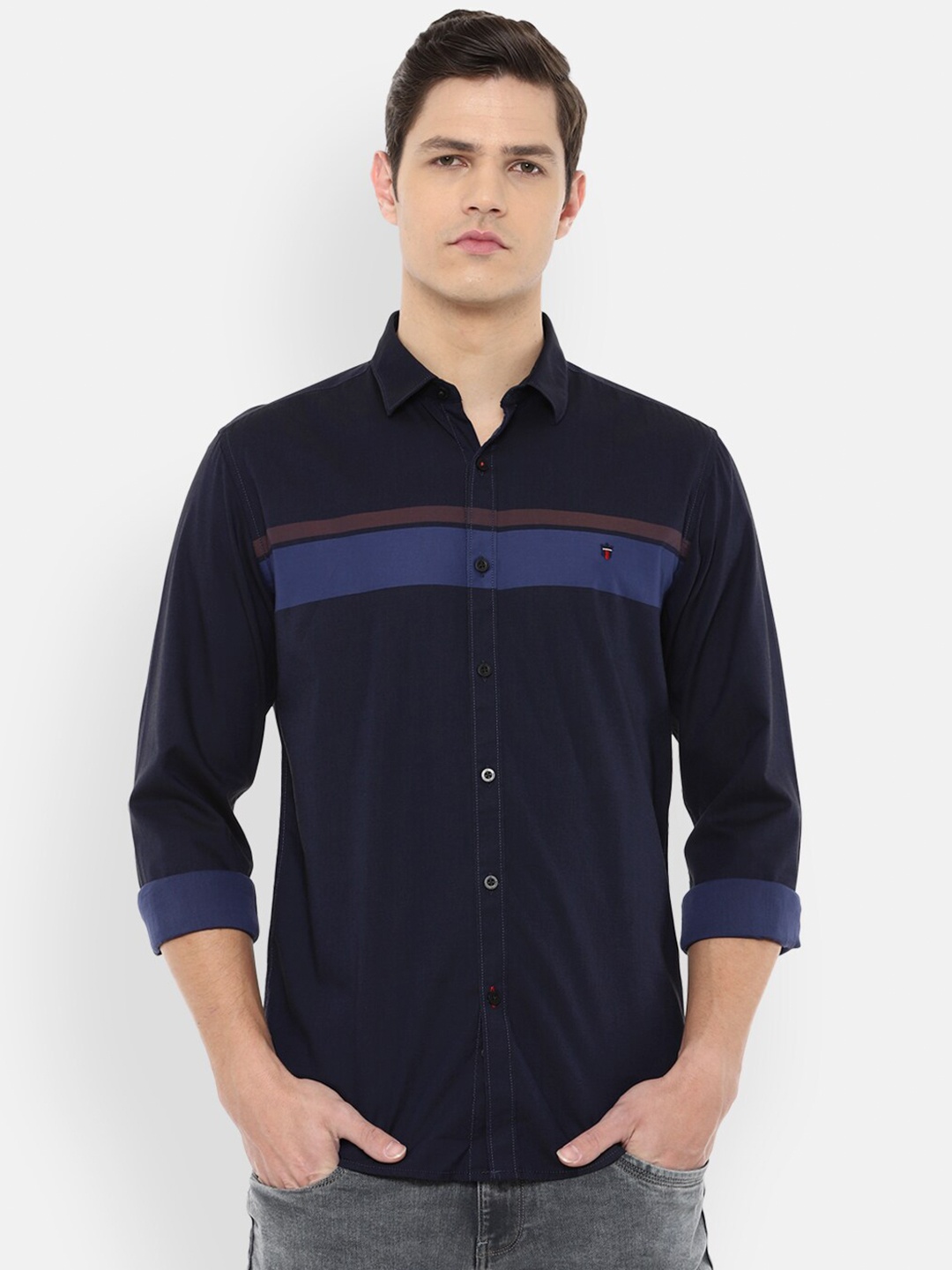 

Louis Philippe Sport Men Navy Blue & Red Slim Fit Striped Pure Cotton Casual Shirt