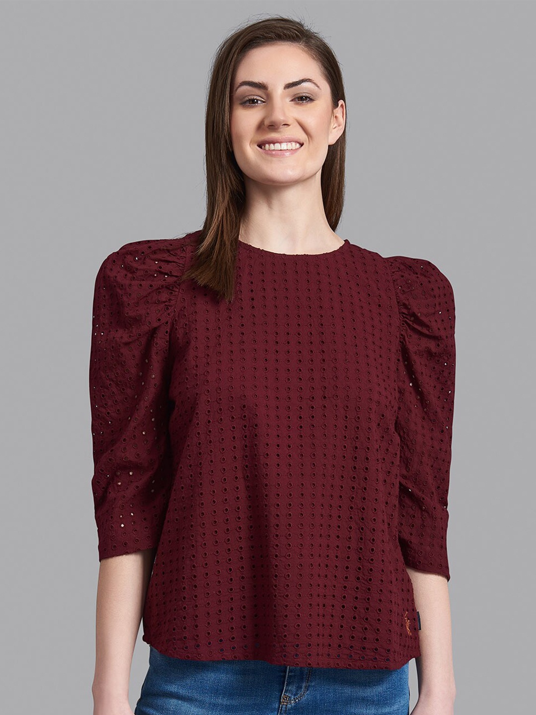 

Beverly Hills Polo Club Maroon Self Design Schiffli Pure Cotton Top