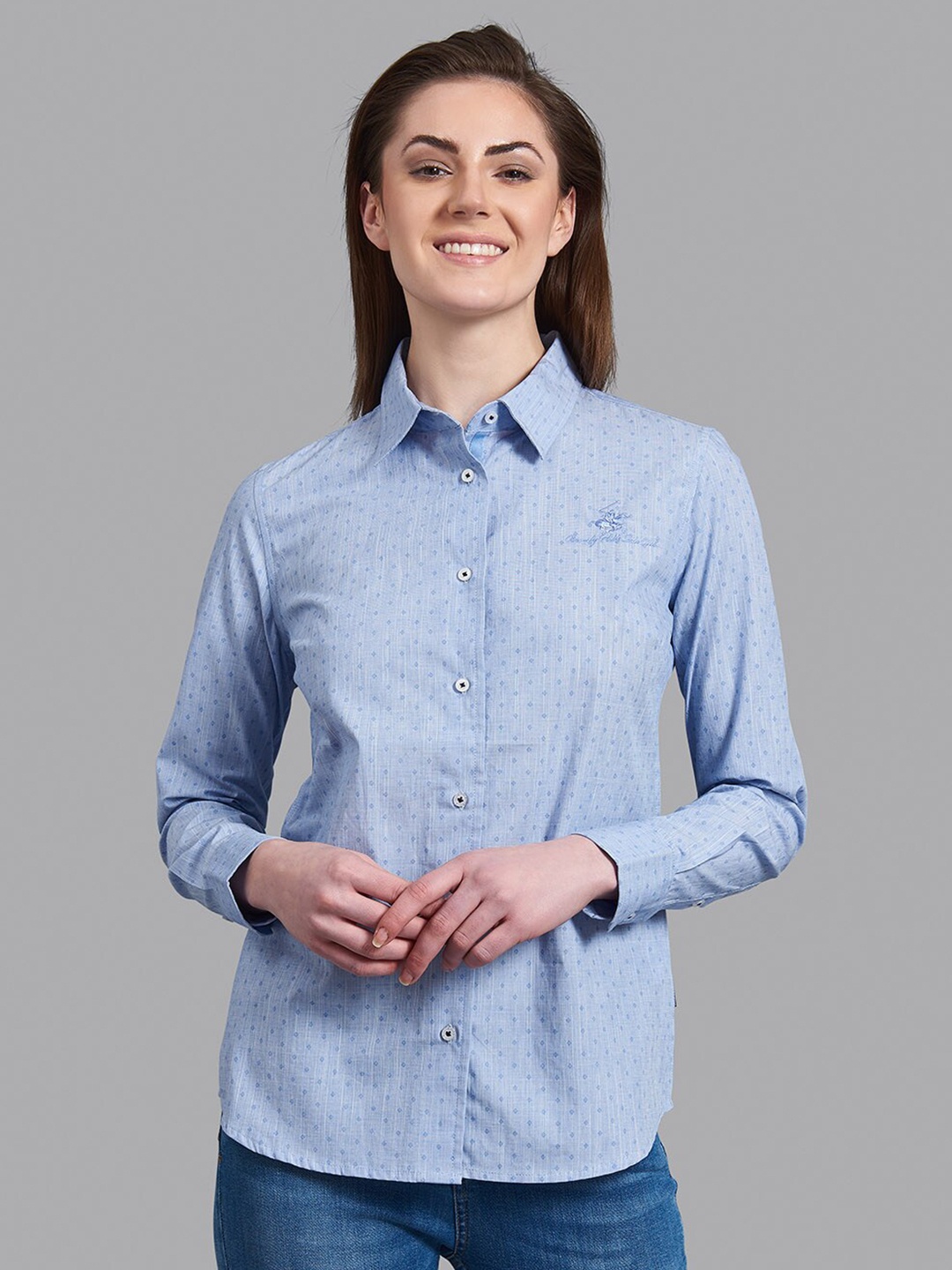 

Beverly Hills Polo Club Women Navy Blue Micro Ditsy Printed Casual Cotton Shirt