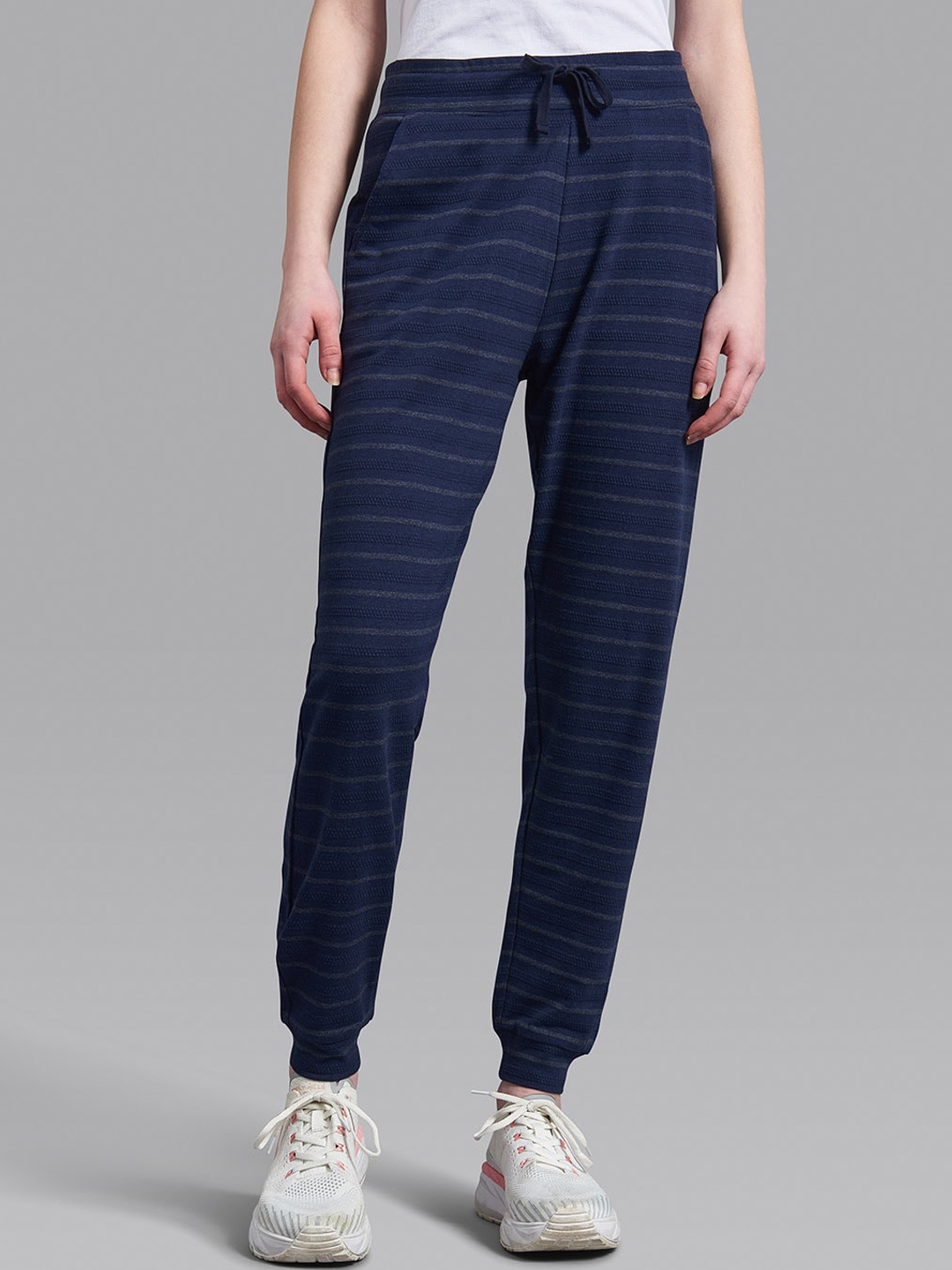 

Beverly Hills Polo Club Women Navy Blue & Grey Striped Cotton Joggers