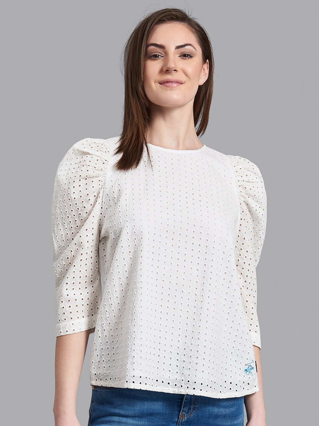 

Beverly Hills Polo Club Women White Schiffli Cotton Top