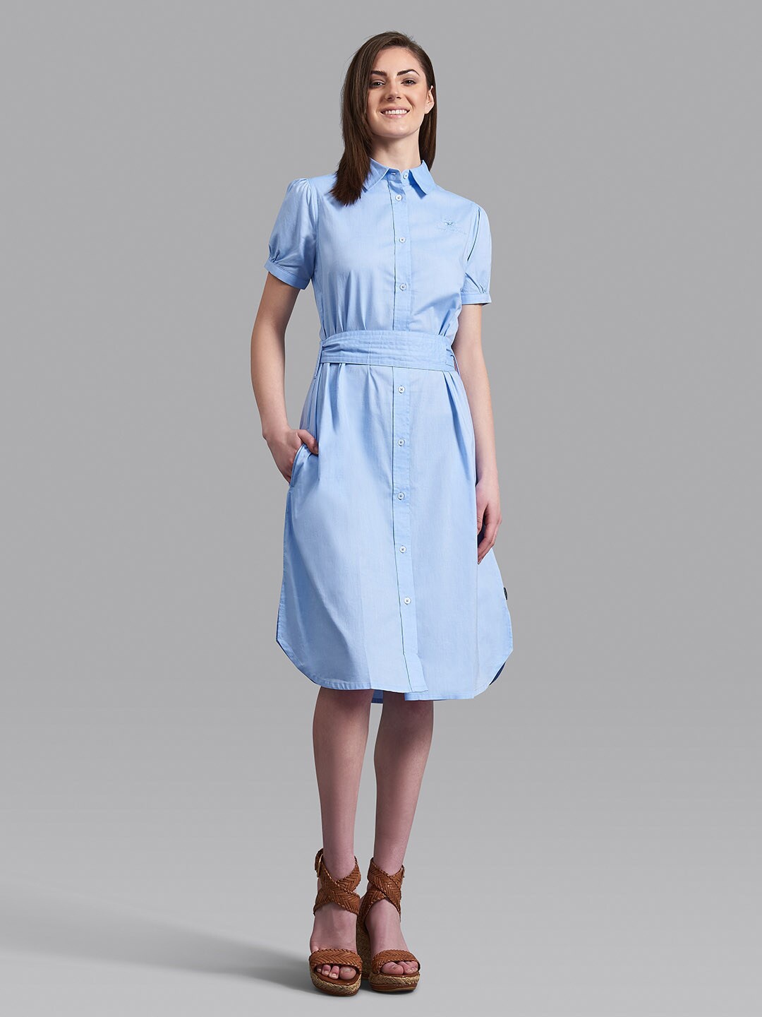 

Beverly Hills Polo Club Blue Solid Puff Sleeves Cotton Shirt Dress