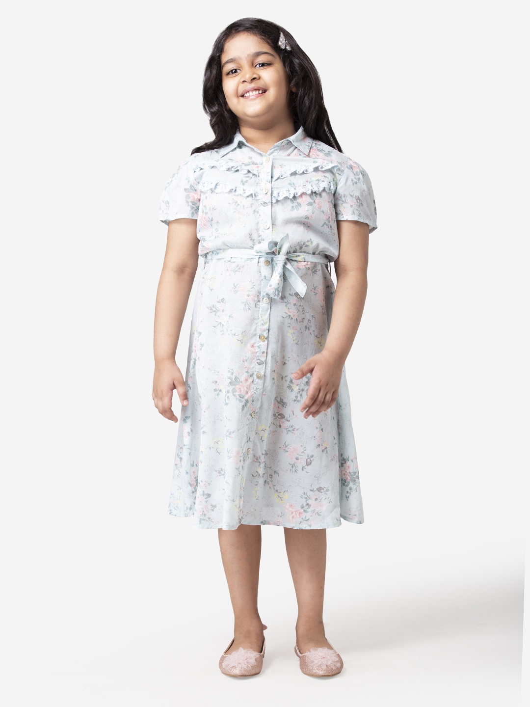 

Hoop Hippo Girls Green Floral Printed Shirt Cotton Dress