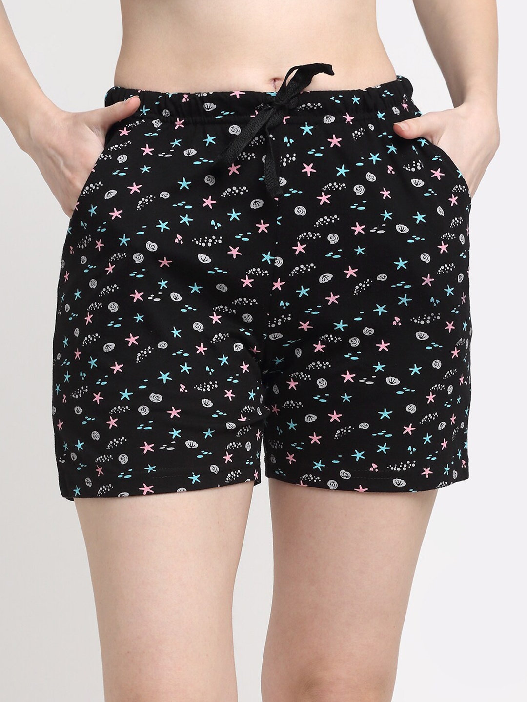 

Kanvin Women Black & Blue Printed Pure Cotton Lounge Shorts