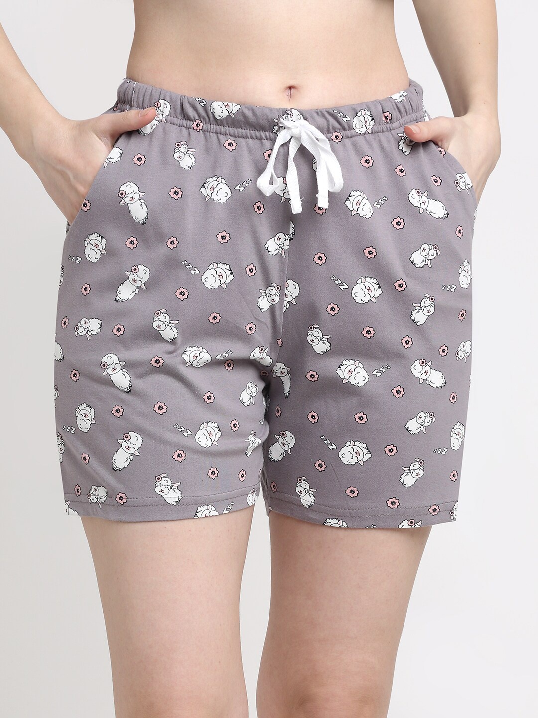 

Kanvin Women Grey & White Printed Cotton Lounge Shorts