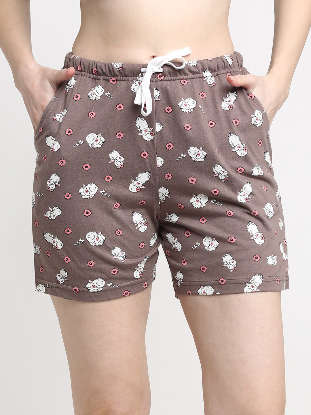 

Kanvin Women Camel Brown & White Printed Mid Rise Cotton Lounge Shorts
