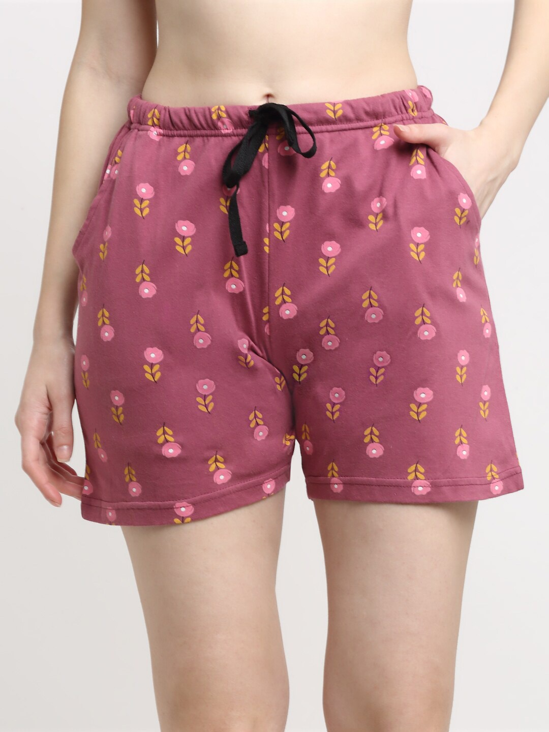 

Kanvin Women Pink & Yellow Printed Cotton Lounge Shorts