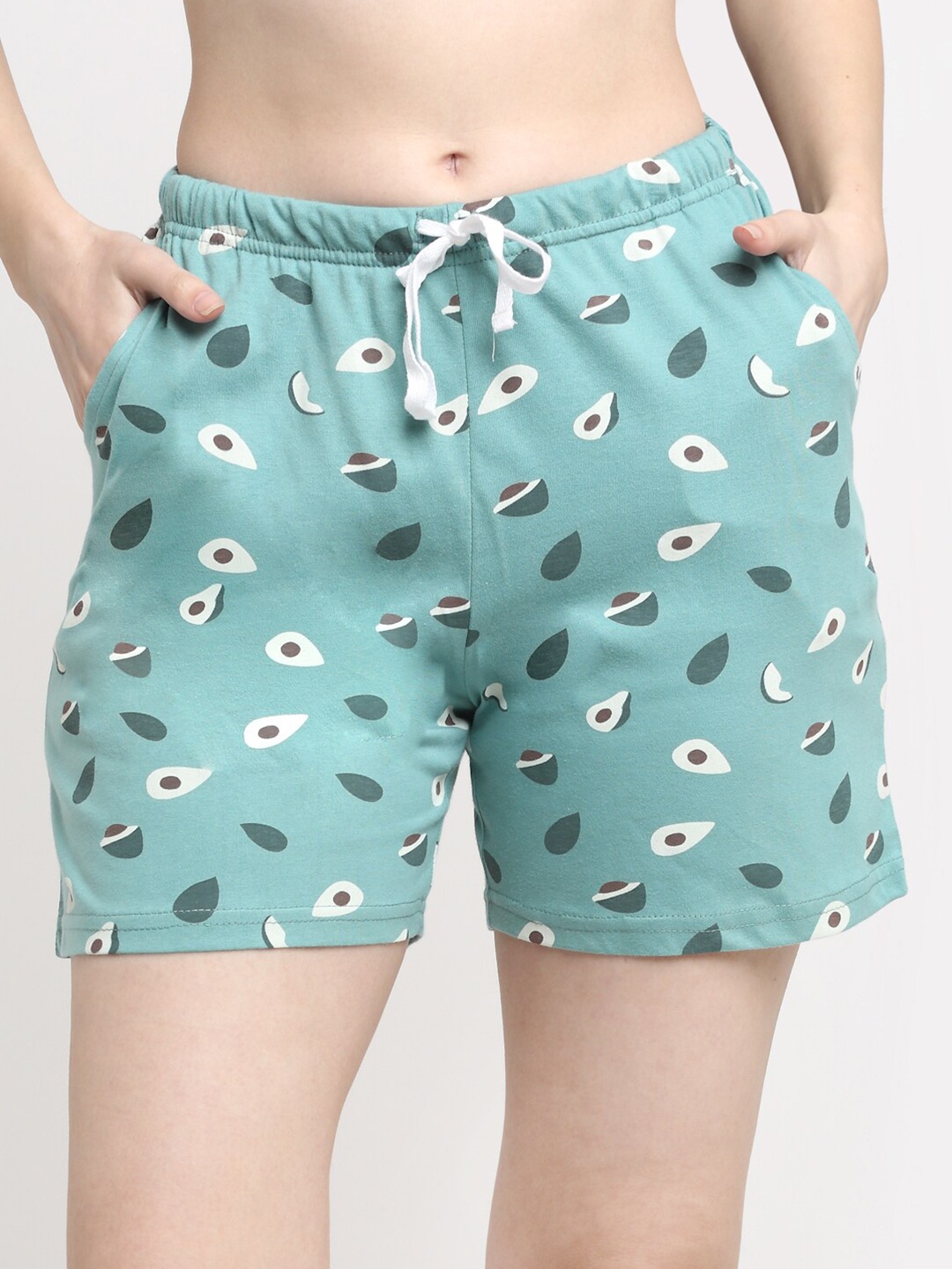 

Kanvin Women Sea Green & White Printed Lounge Shorts