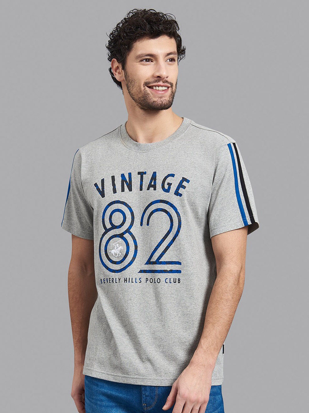 

Beverly Hills Polo Club Men Grey & Blue Typography Printed Cotton T-shirt