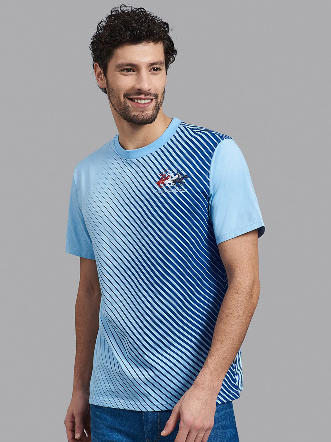 

Beverly Hills Polo Club Men Blue Striped Cotton T-shirt