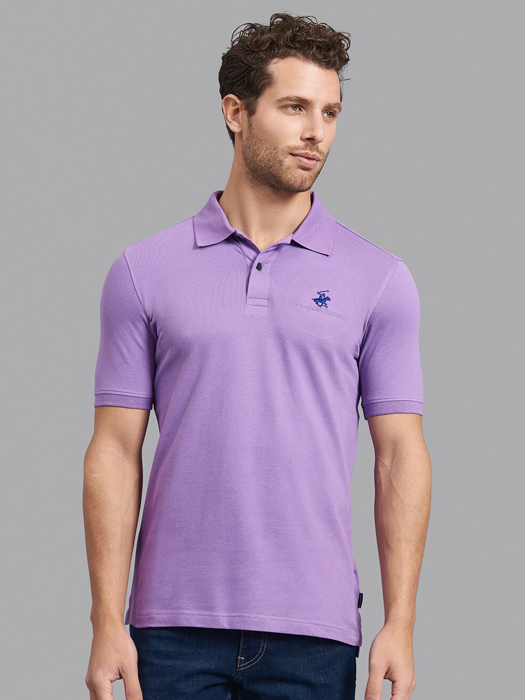 

Beverly Hills Polo Club Men Purple Solid Polo Collar Slim Fit Cotton T-shirt