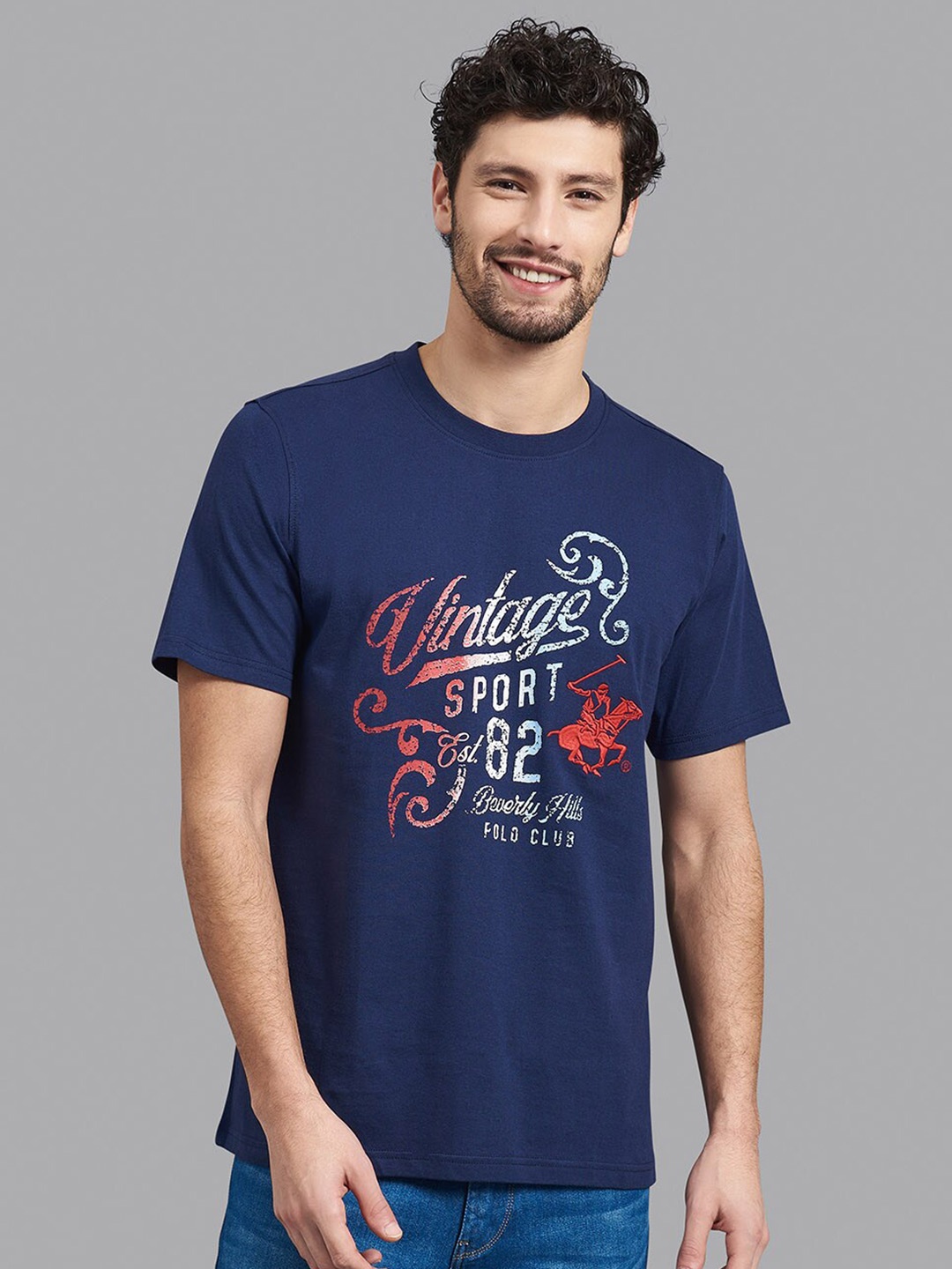 

Beverly Hills Polo Club Men Navy Blue Graphic Printed Cotton T-shirt