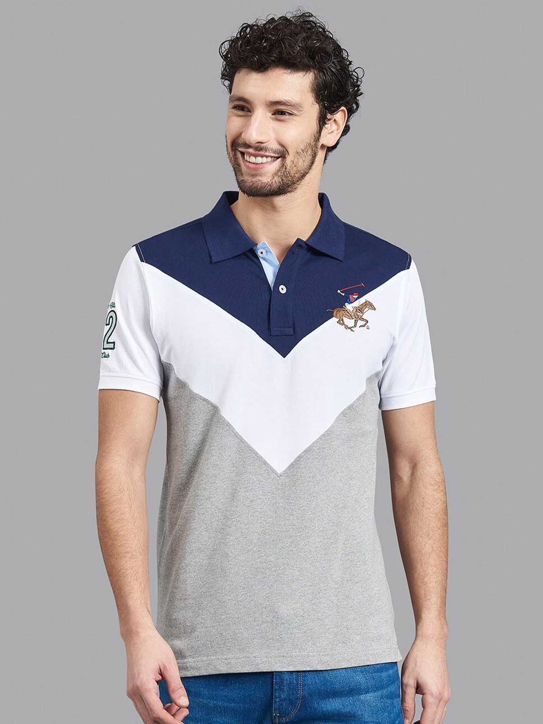 

Beverly Hills Polo Club Men Grey & Navy Blue Colourblocked Polo Collar T-shirt