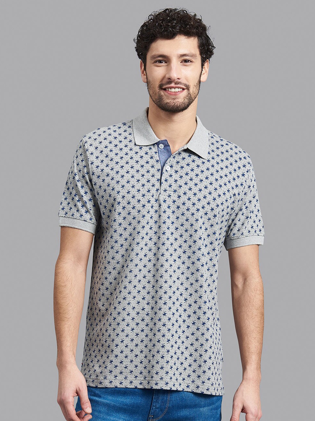 

Beverly Hills Polo Club Men Grey Printed Polo Collar Cotton T-shirt