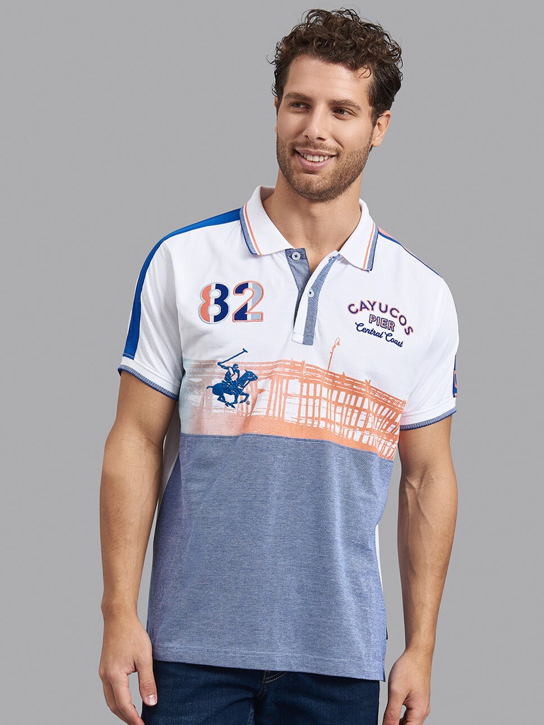Beverly Hills Polo Club Men Blue & White Typography Colourblocked Cotton T-shirt