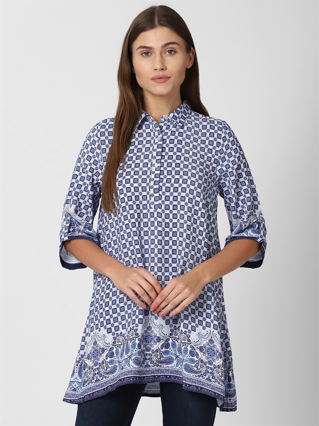 

Van Heusen Woman Navy Blue Print Roll-Up Sleeves Shirt Style Longline Top