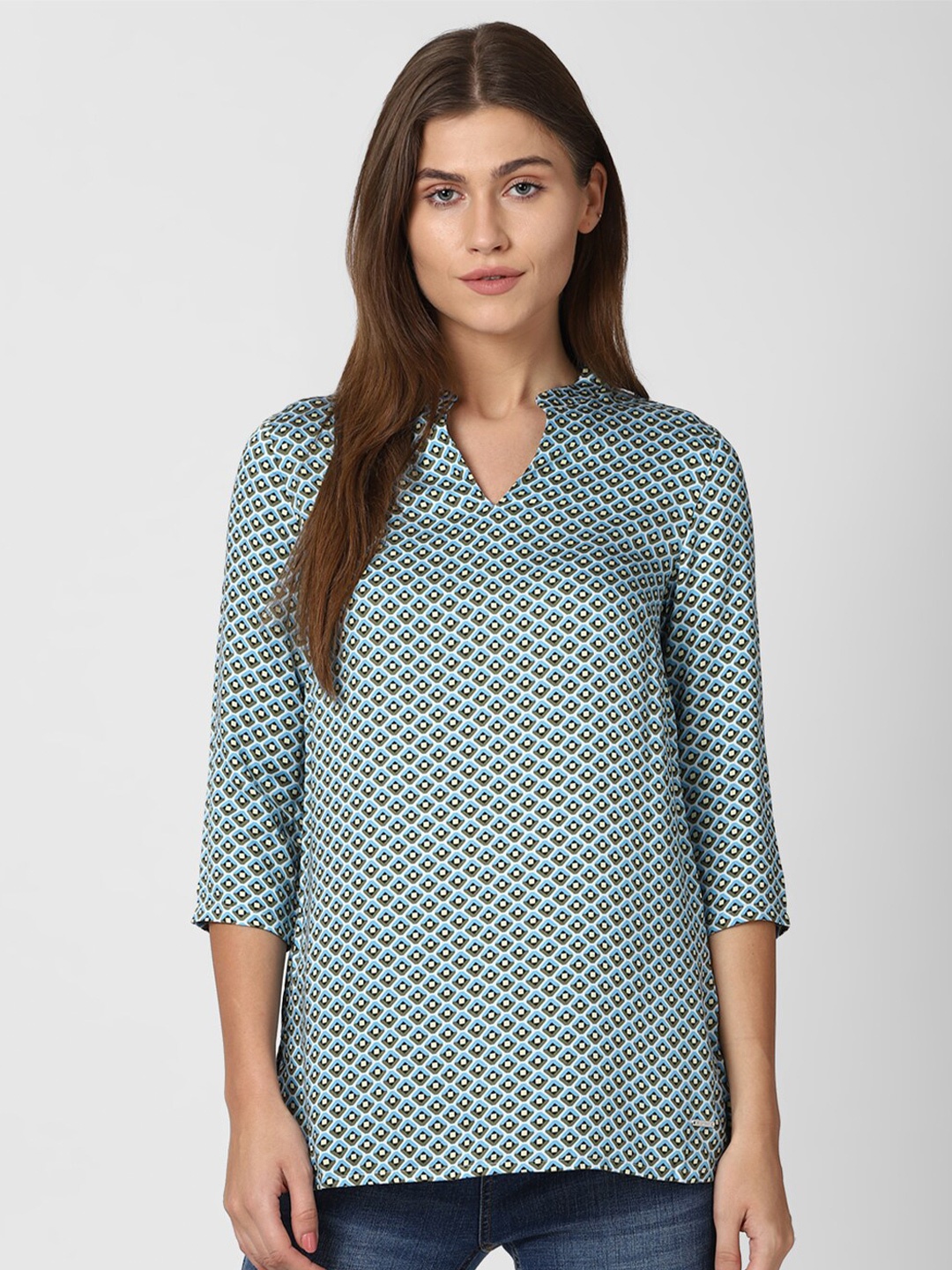 

Van Heusen Woman Olive Green & Blue Abstract Print Longline Top