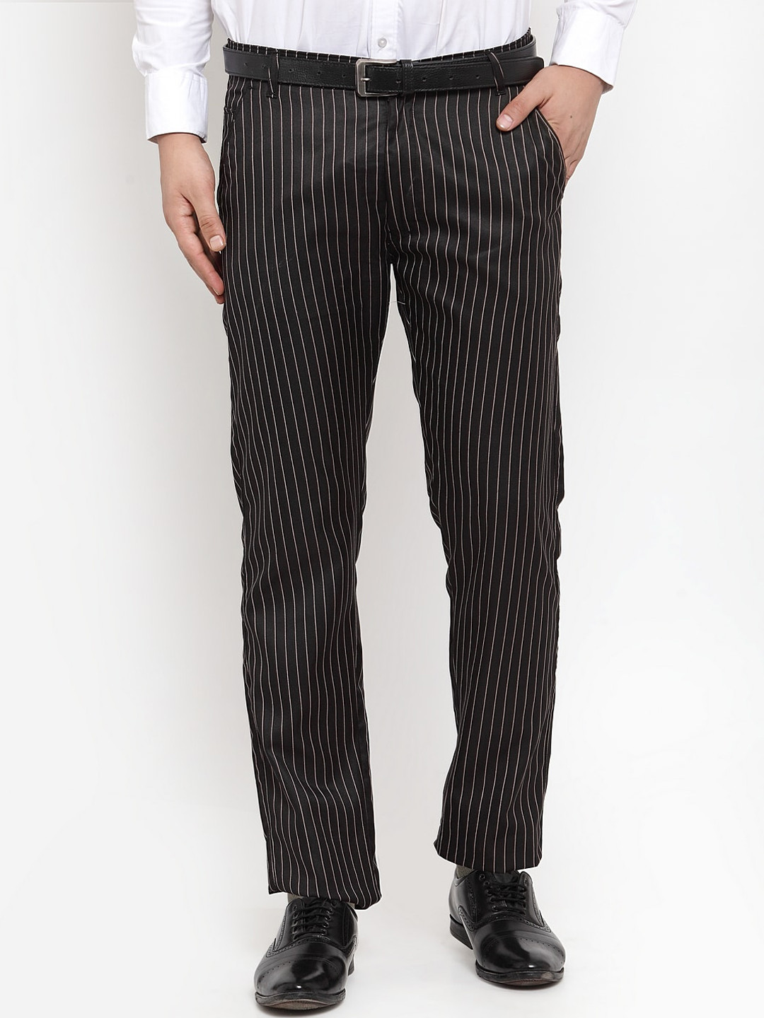 

JAINISH Men Black & White Striped Smart Slim Fit Easy Wash Pure Cotton Formal Trousers