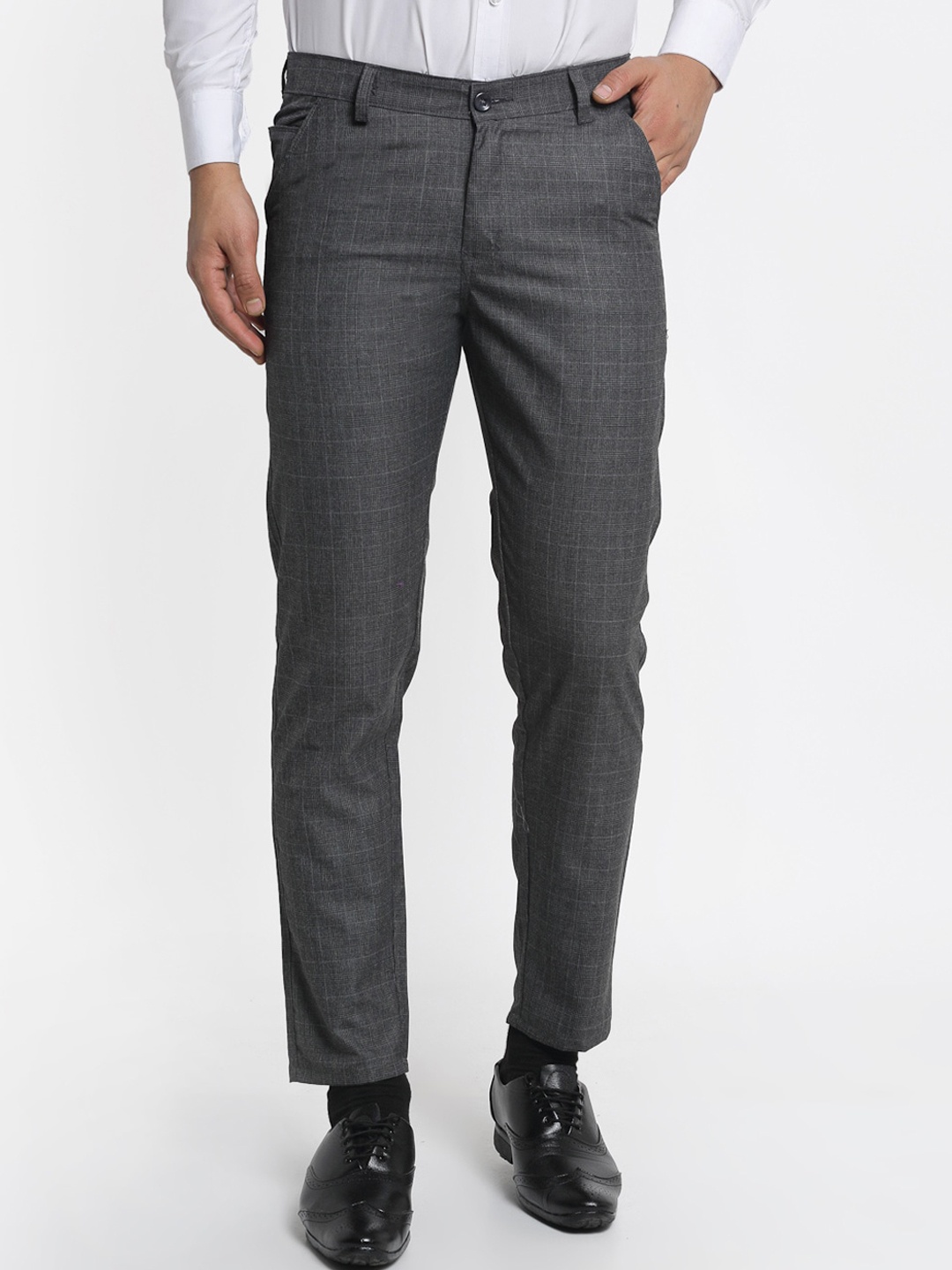 

JAINISH Men Charcoal Checked Smart Slim Fit Easy Wash Trousers