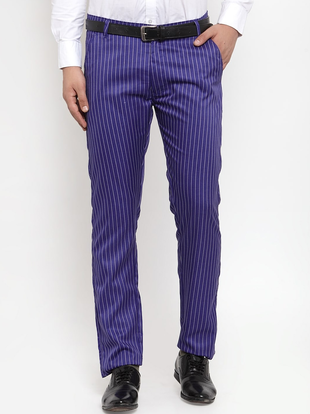 

JAINISH Men Blue & White Striped Smart Tapered Fit Easy Wash Pure Cotton Trousers