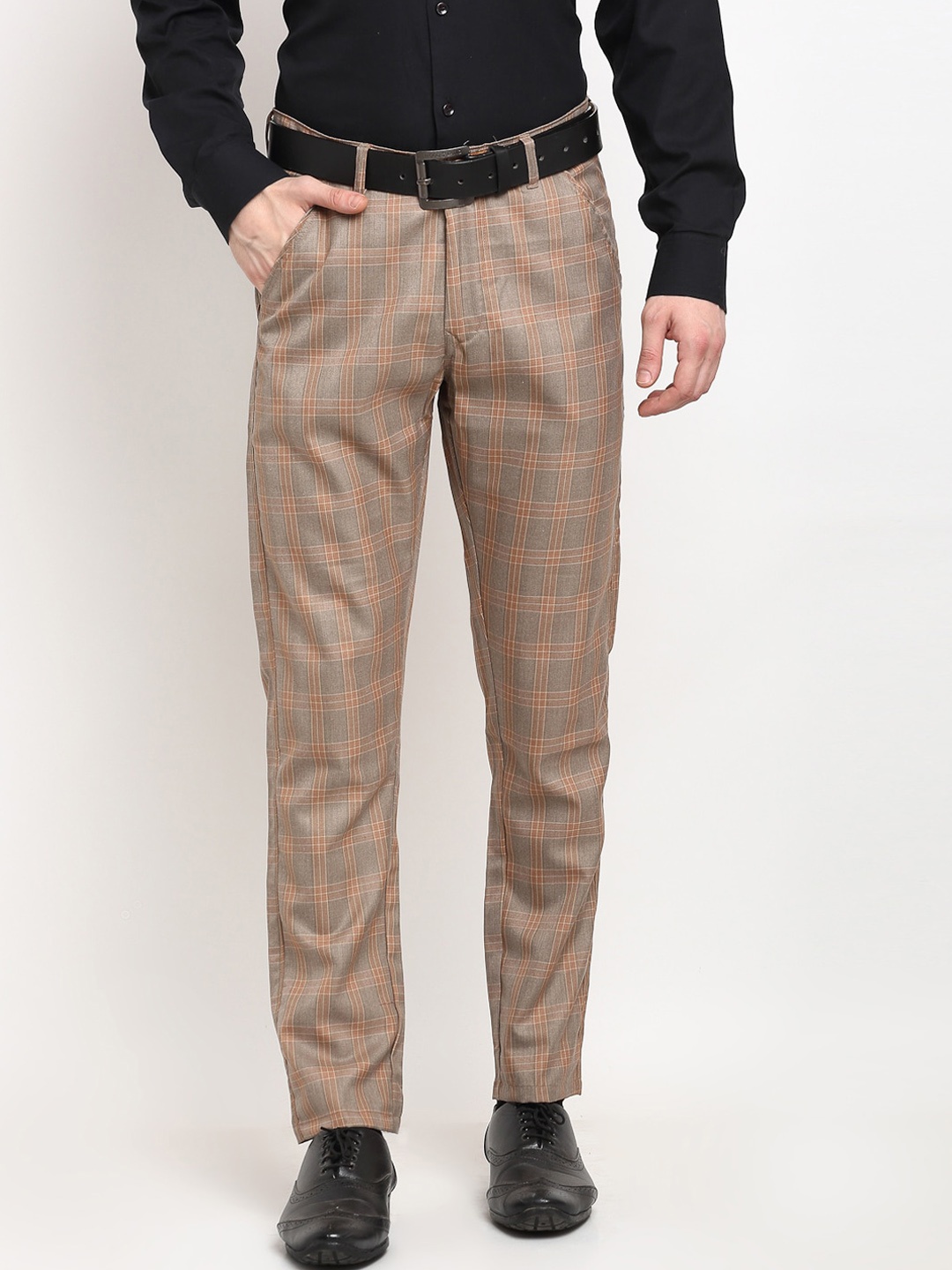 

JAINISH Men Brown & Orange Checked Smart Slim Fit Easy Wash Pure Cotton Formal Trousers