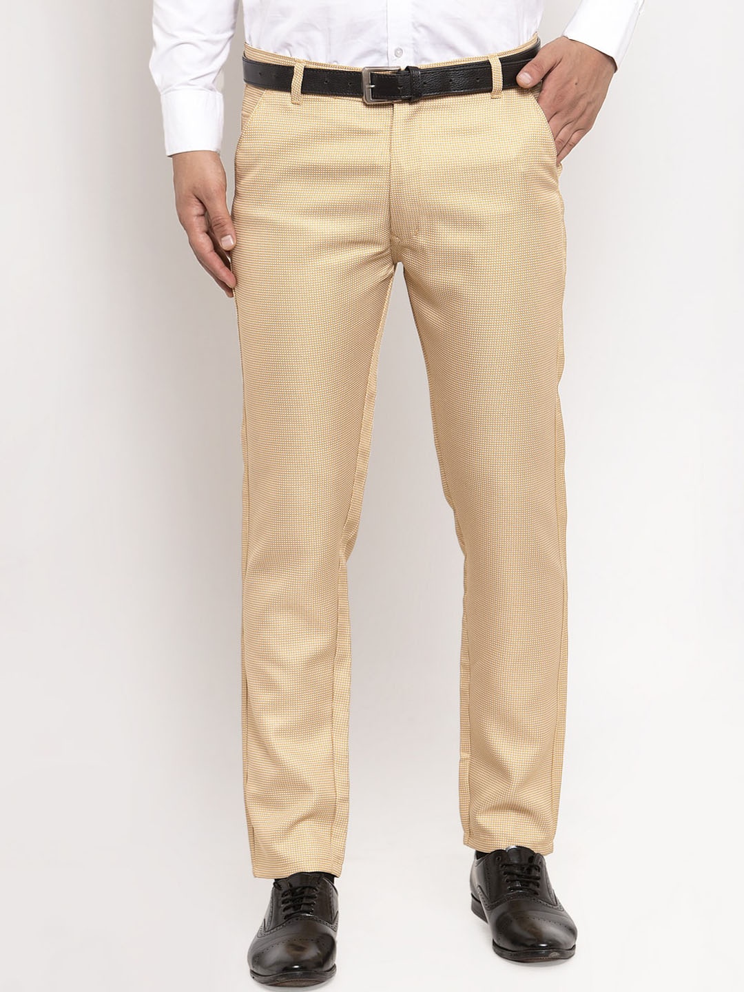 

JAINISH Men Gold-Toned Textured Smart Slim Fit Easy Wash Cotton Trousers