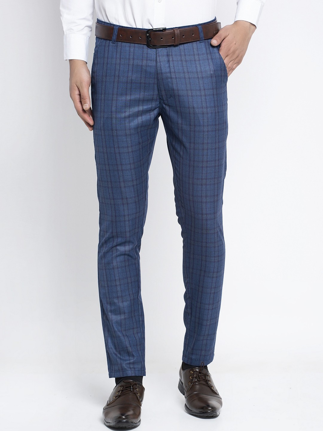 

JAINISH Men Navy Blue Checked Smart Slim Fit Easy Wash Pure Cotton Trousers