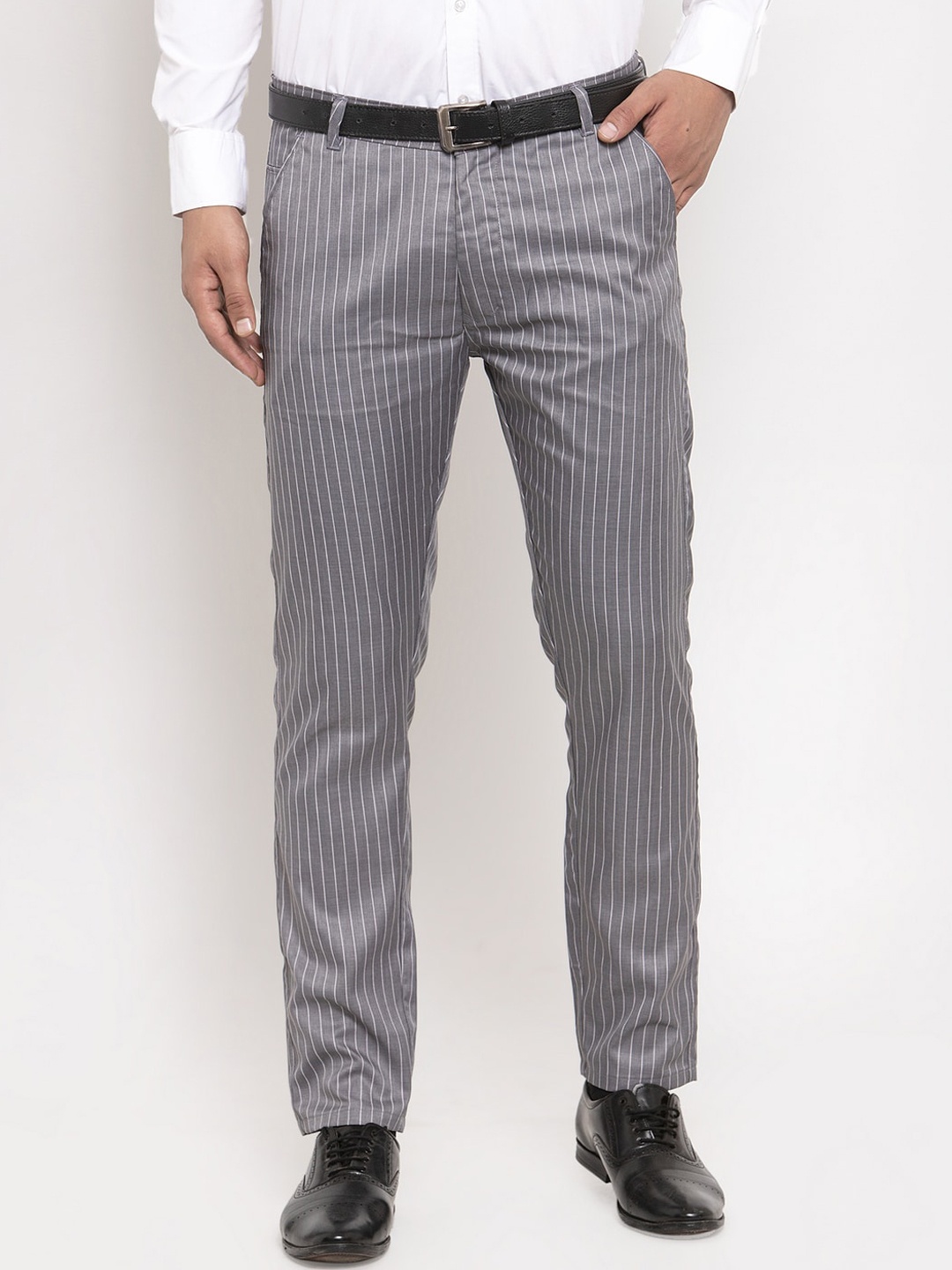 

JAINISH Men Grey Striped Smart Tapered Fit Easy Wash Trousers