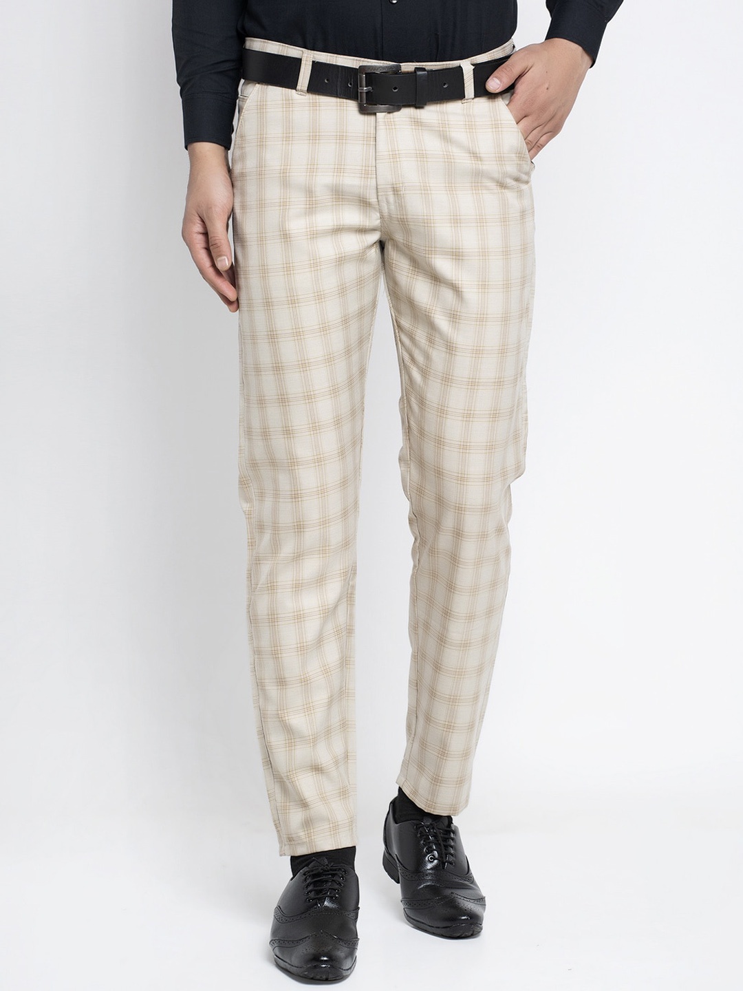 

JAINISH Men Cream-Coloured & Brown Checked Smart Slim Fit Easy Wash Pure Cotton Trousers
