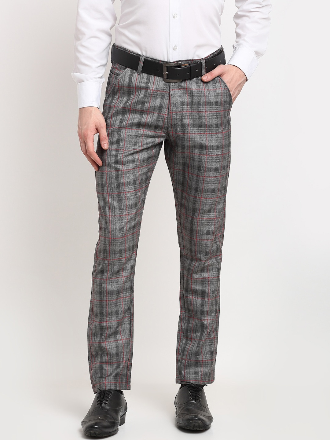 

JAINISH Men Grey Checked Smart Slim Fit Easy Wash Cotton Trousers