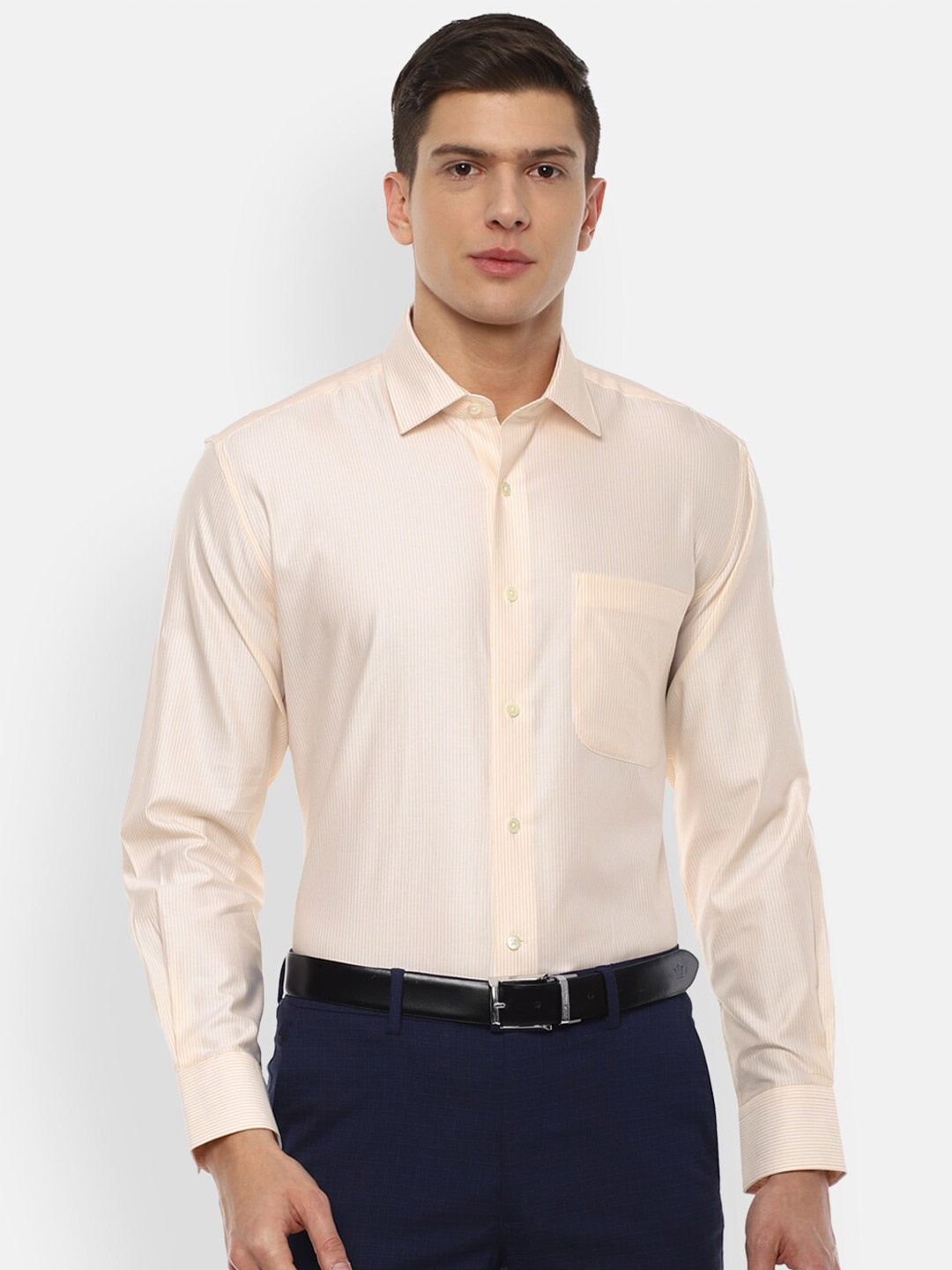 

Luxure by Louis Philippe Men Cream-Coloured Pinstripes Striped Formal Shirt
