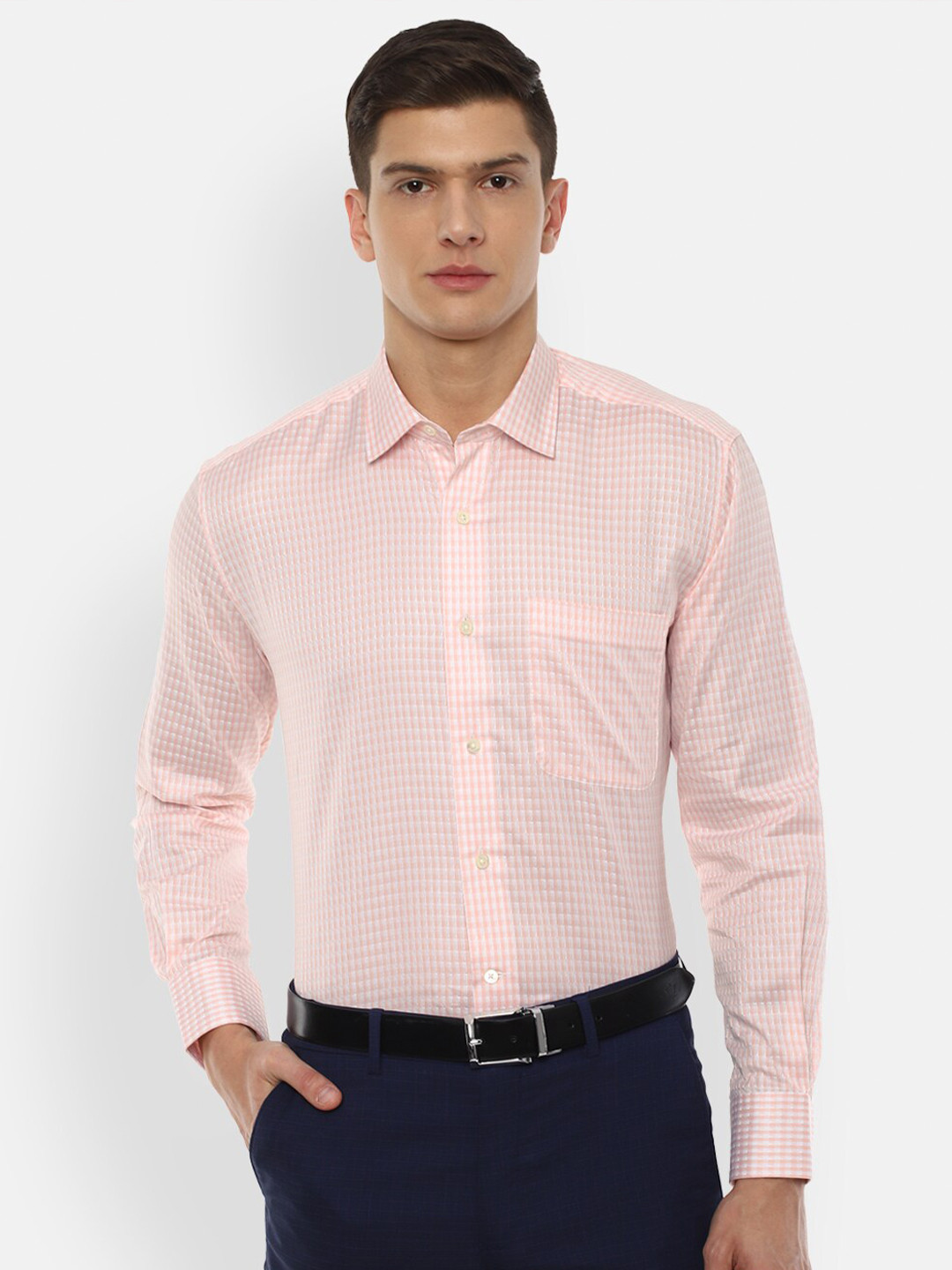 

Luxure by Louis Philippe Men Peach-Coloured Grid Tattersall Checked Cotton Formal Shirt