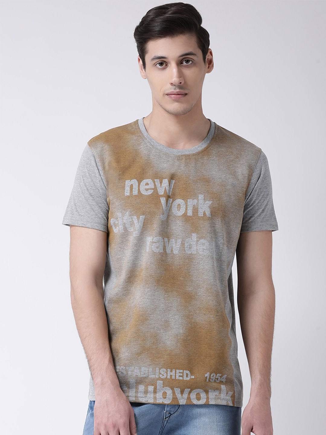 

Club York Men Grey & Brown Typography Printed Raw Edge T-shirt