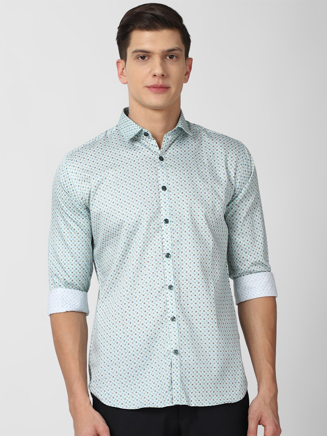 

V Dot Men Blue Slim Fit Printed Pure Cotton Casual Shirt