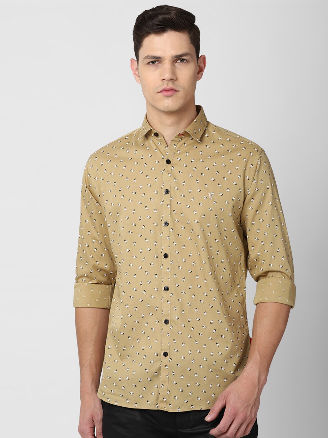 

V Dot Men Khaki Slim Fit Floral Printed Pure Cotton Casual Shirt