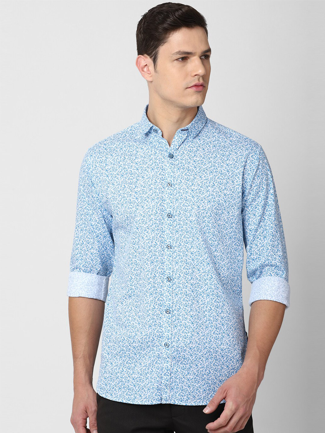 

V Dot Men Blue Slim Fit Floral Printed Cotton Casual Shirt