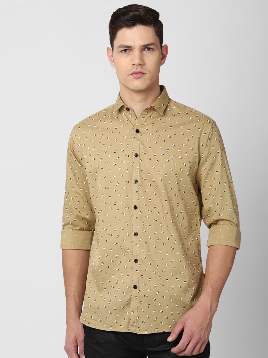 

V Dot Men Khaki Slim Fit Floral Printed Pure Cotton Casual Shirt