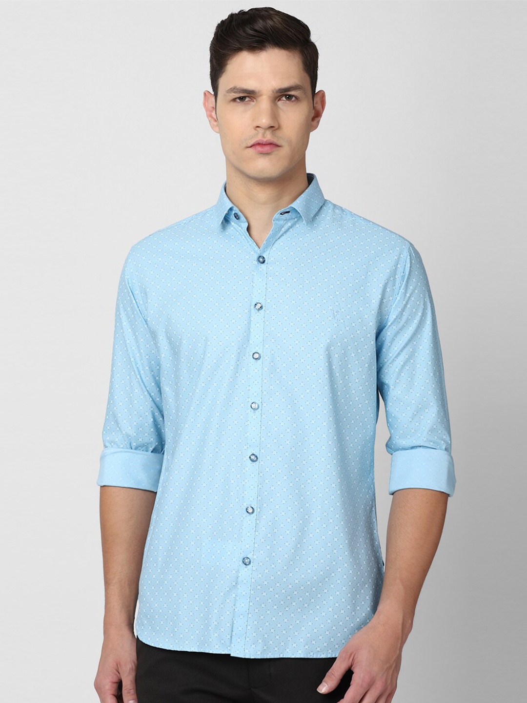 

V Dot Men Blue & White Slim Fit Micro Ditsy Printed Pure Cotton Semiformal Shirt