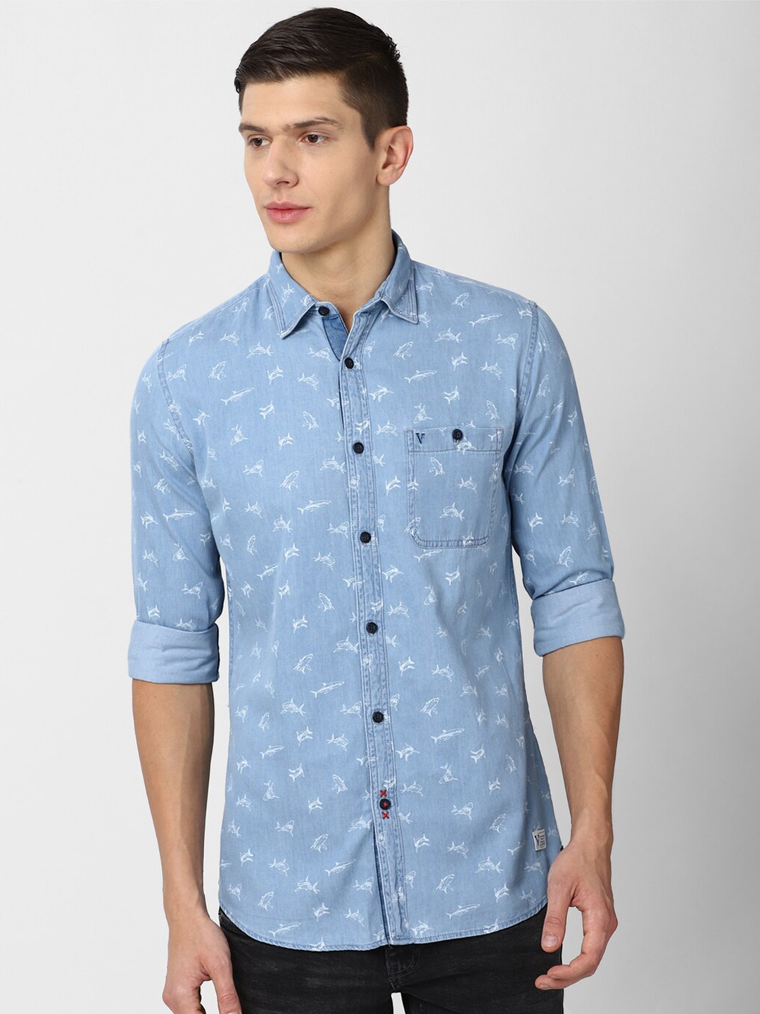

VAN HEUSEN DENIM LABS Men Blue & White Slim Fit Printed Pure Cotton Casual Shirt