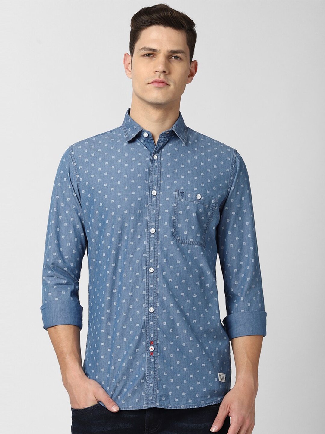 

VAN HEUSEN DENIM LABS Men Blue Slim Fit Floral Printed Pure Cotton Casual Shirt