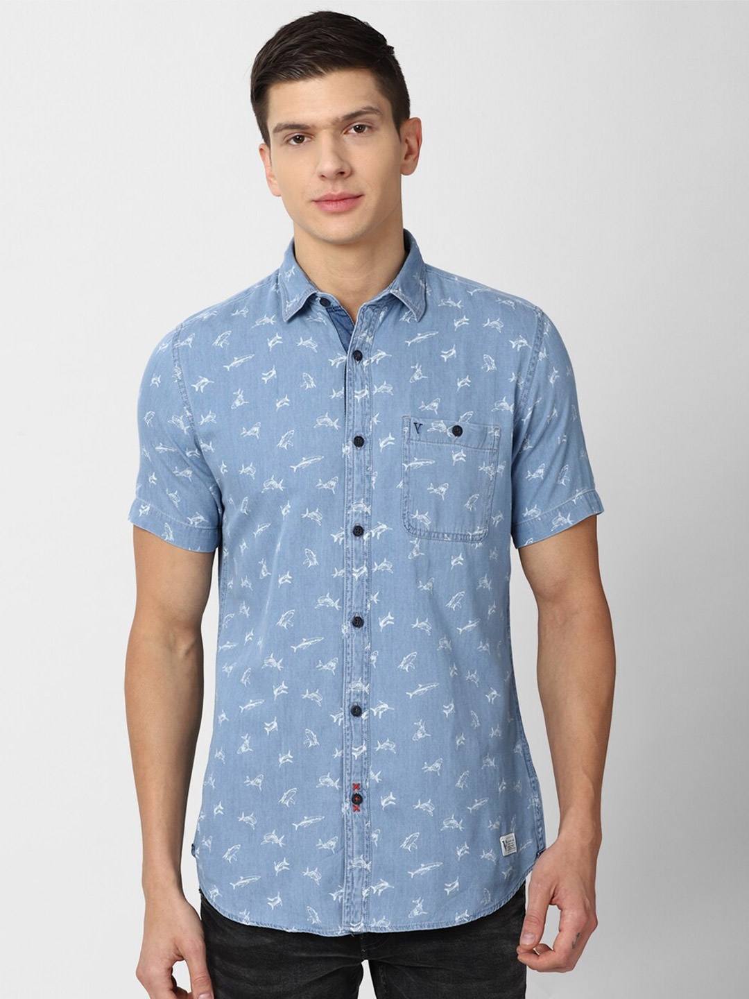

VAN HEUSEN DENIM LABS Men Blue Slim Fit Printed Cotton Casual Shirt