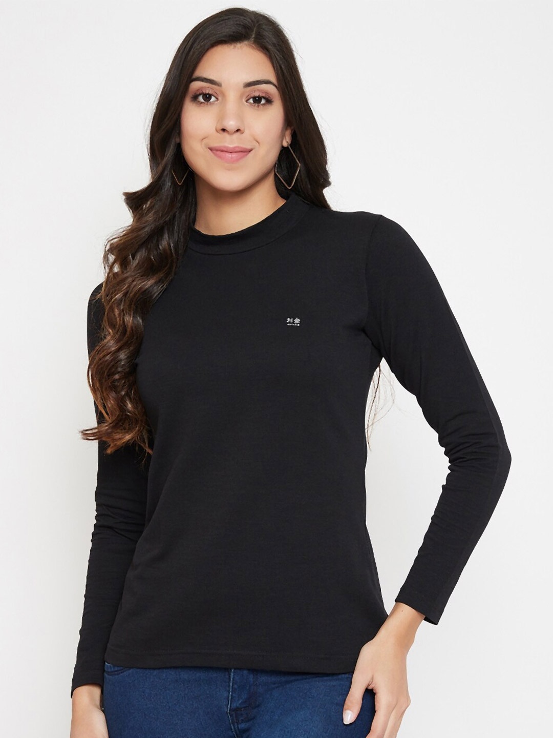 

Okane Women Black Solid High Neck Cotton T-shirt